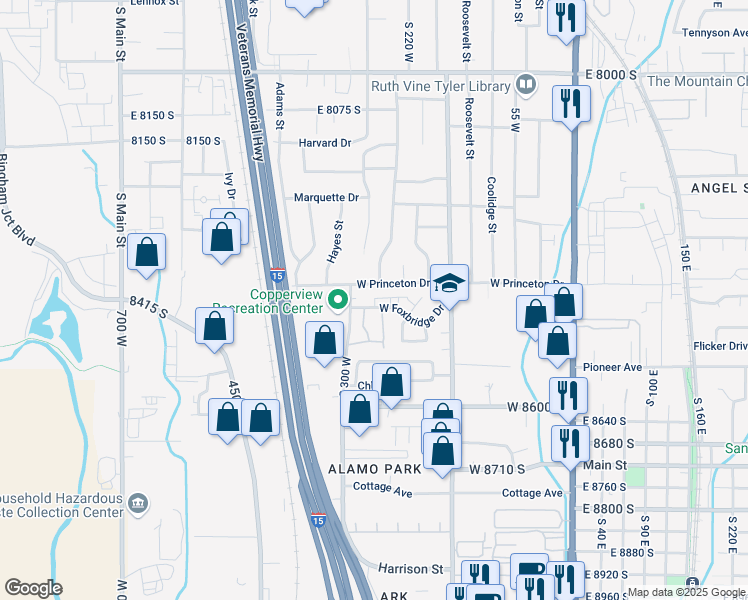 map of restaurants, bars, coffee shops, grocery stores, and more near 283 West Princeton Drive in Midvale