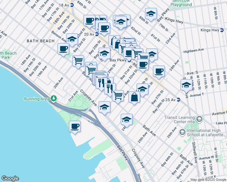 map of restaurants, bars, coffee shops, grocery stores, and more near 8735 Bay Parkway in Brooklyn