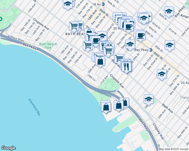 map of restaurants, bars, coffee shops, grocery stores, and more near 2044 Cropsey Avenue in Brooklyn