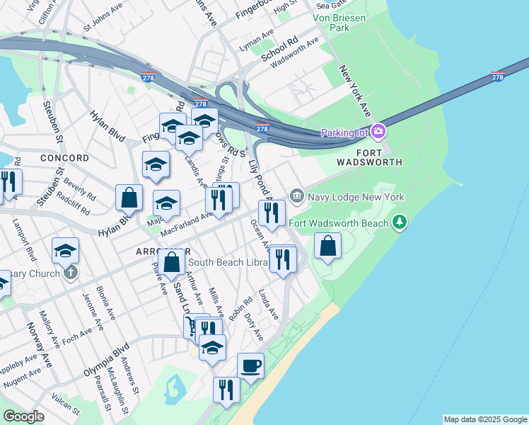 map of restaurants, bars, coffee shops, grocery stores, and more near 63 McClean Avenue in Staten Island
