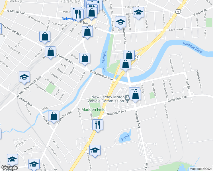 map of restaurants, bars, coffee shops, grocery stores, and more near 501 East Hazelwood Avenue in Rahway