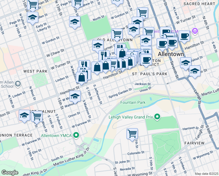 map of restaurants, bars, coffee shops, grocery stores, and more near 1116 West Maple Street in Allentown