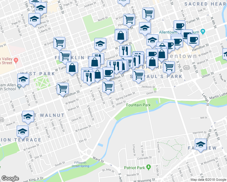 map of restaurants, bars, coffee shops, grocery stores, and more near 1116 West Maple Street in Allentown