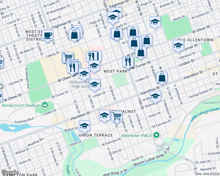 map of restaurants, bars, coffee shops, grocery stores, and more near 132 North West Street in Allentown