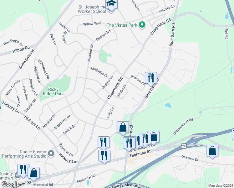 map of restaurants, bars, coffee shops, grocery stores, and more near 5520 Chapmans Road in Allentown