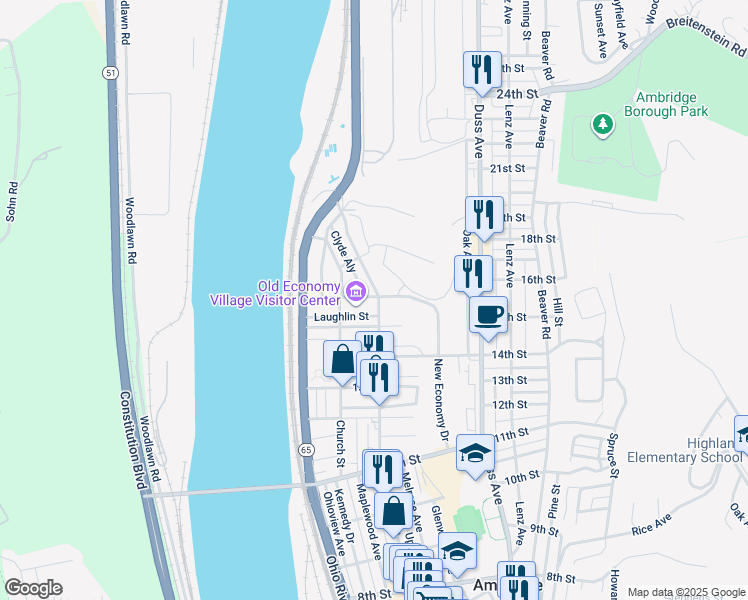 map of restaurants, bars, coffee shops, grocery stores, and more near 1613 Merchant Street in Ambridge