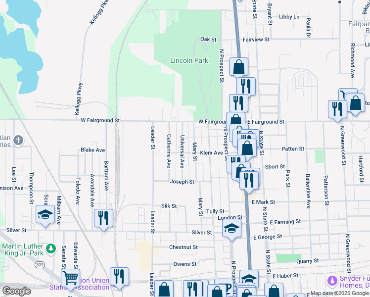 map of restaurants, bars, coffee shops, grocery stores, and more near 608 Universal Avenue in Marion