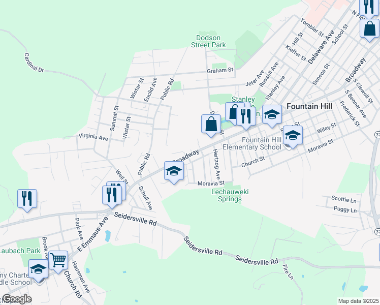 map of restaurants, bars, coffee shops, grocery stores, and more near 1569 Broadway in Bethlehem