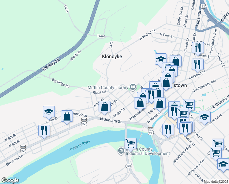 map of restaurants, bars, coffee shops, grocery stores, and more near 101-199 W 5th St in Lewistown