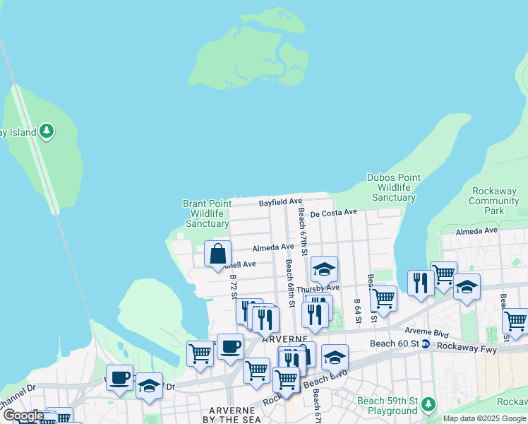 map of restaurants, bars, coffee shops, grocery stores, and more near 68-17 Bayfield Avenue in Queens