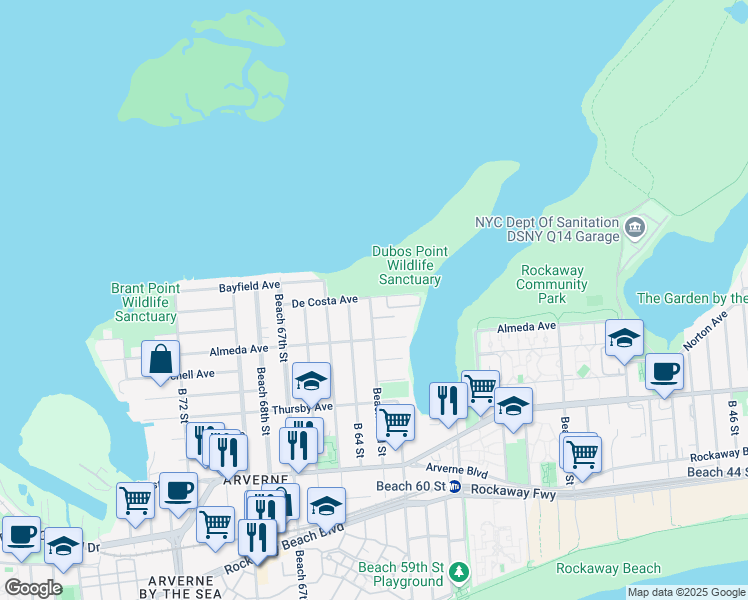 map of restaurants, bars, coffee shops, grocery stores, and more near 62-59 De Costa Avenue in Queens