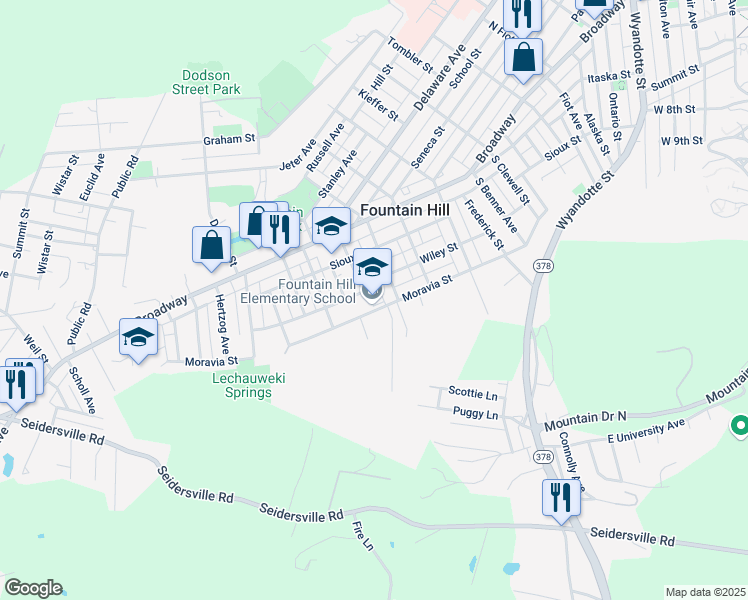 map of restaurants, bars, coffee shops, grocery stores, and more near 1330 Church Street in Fountain Hill