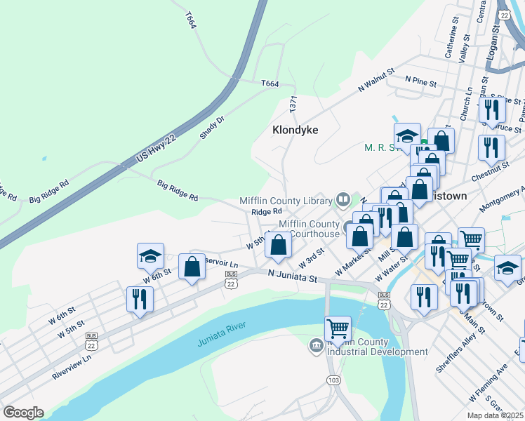 map of restaurants, bars, coffee shops, grocery stores, and more near 32 Ridge Road in Lewistown