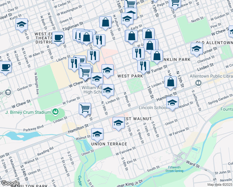 map of restaurants, bars, coffee shops, grocery stores, and more near 126 North 17th Street in Allentown