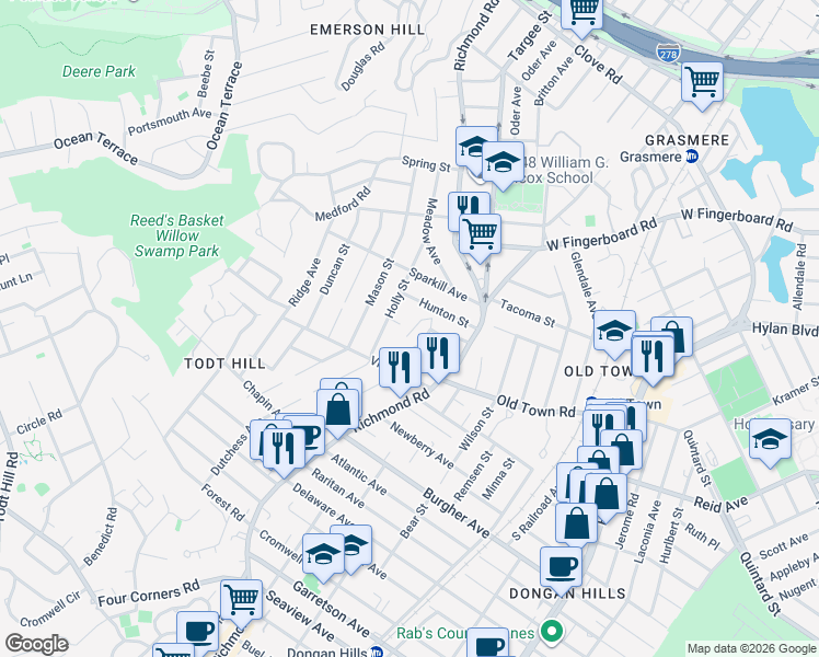 map of restaurants, bars, coffee shops, grocery stores, and more near 58 Hunton Street in Staten Island