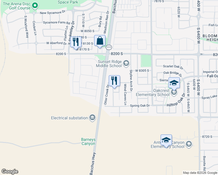 map of restaurants, bars, coffee shops, grocery stores, and more near 8417 Otter Creek Drive in West Jordan