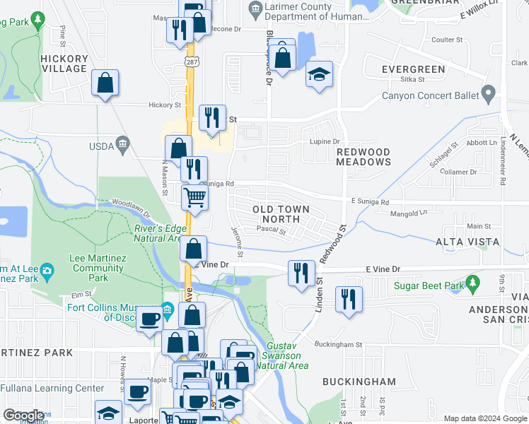 map of restaurants, bars, coffee shops, grocery stores, and more near 903 Blondel Street in Fort Collins