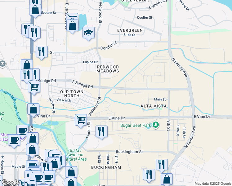 map of restaurants, bars, coffee shops, grocery stores, and more near 703 Mangold Lane in Fort Collins