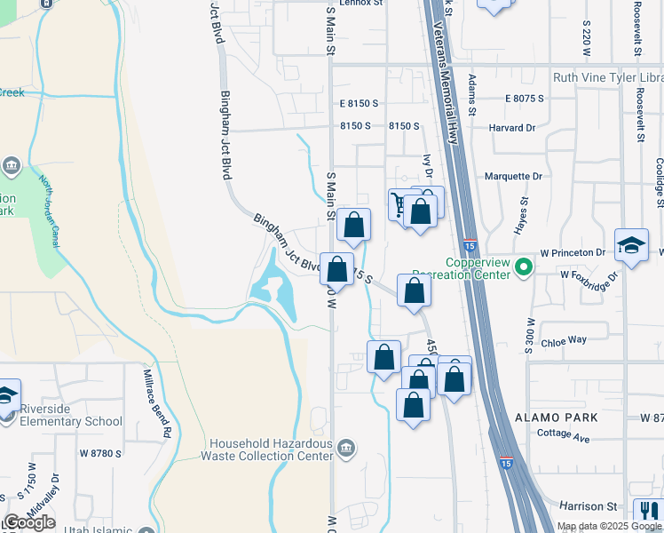map of restaurants, bars, coffee shops, grocery stores, and more near 8342 S Main St in Sandy