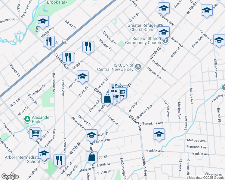 map of restaurants, bars, coffee shops, grocery stores, and more near 1207 West 6th Street in Plainfield