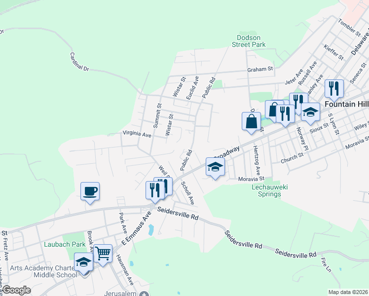 map of restaurants, bars, coffee shops, grocery stores, and more near 745 Wright Street in Bethlehem