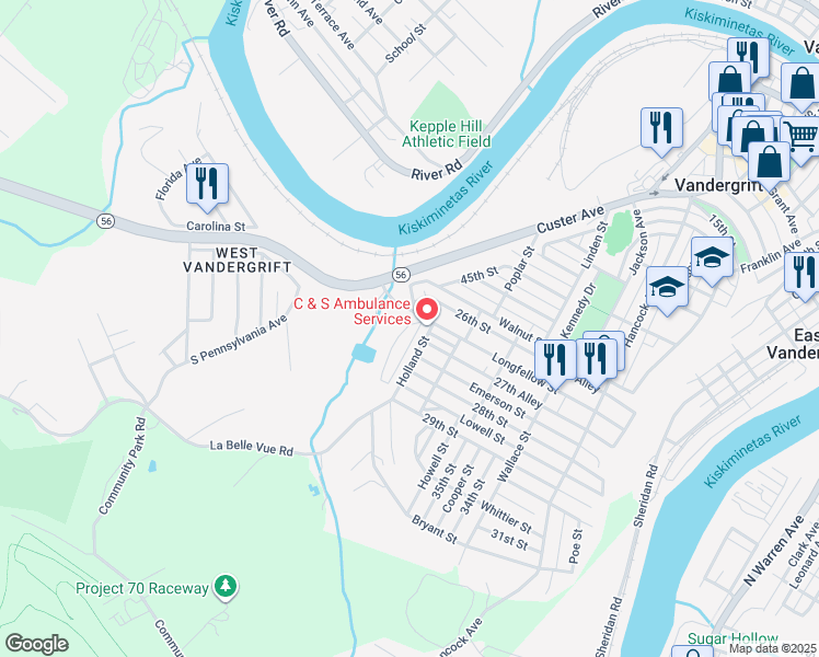 map of restaurants, bars, coffee shops, grocery stores, and more near 617 Oak Street in Vandergrift