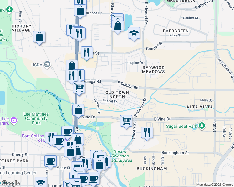 map of restaurants, bars, coffee shops, grocery stores, and more near 392 Osiander Street in Fort Collins