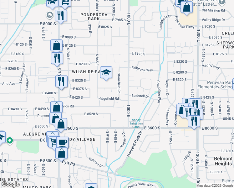 map of restaurants, bars, coffee shops, grocery stores, and more near 8388 Stonefield Road in Sandy