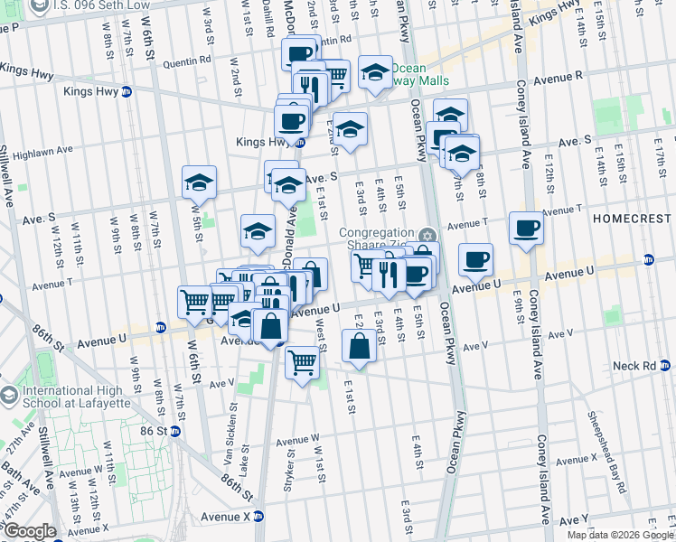 map of restaurants, bars, coffee shops, grocery stores, and more near 2026 East 1st Street in Brooklyn