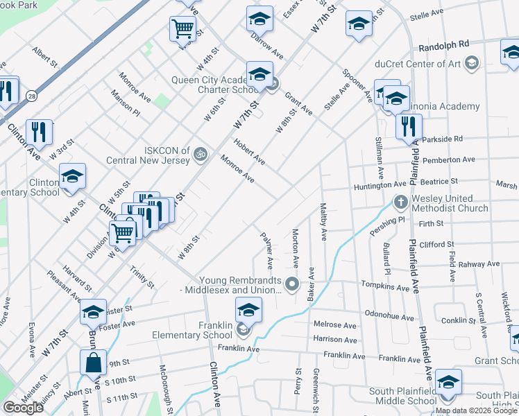 map of restaurants, bars, coffee shops, grocery stores, and more near 832 Monroe Avenue in Plainfield