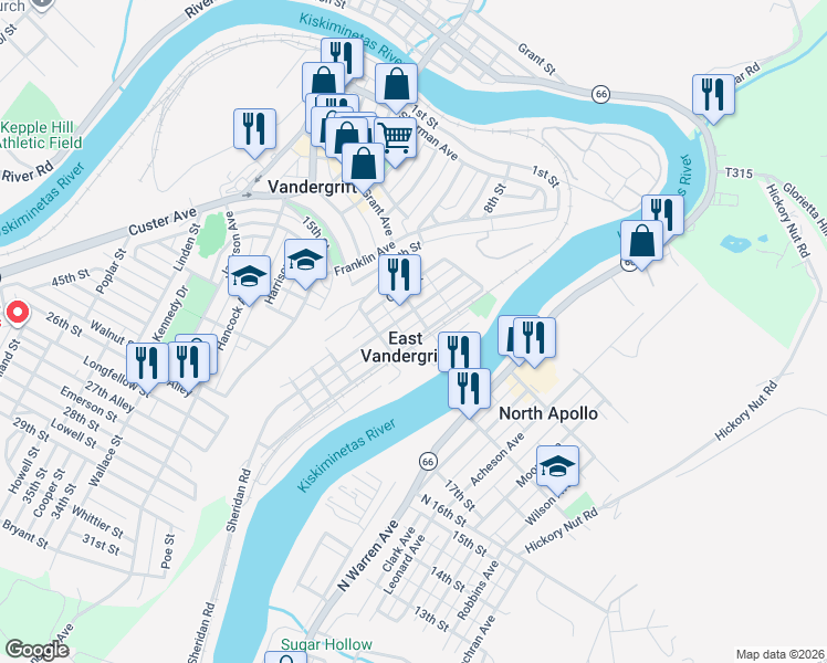 map of restaurants, bars, coffee shops, grocery stores, and more near 318 McKinley Avenue in Vandergrift