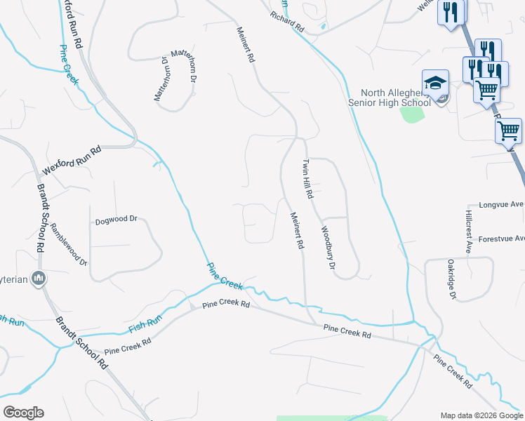 map of restaurants, bars, coffee shops, grocery stores, and more near 10194 Sudberry Drive in Wexford