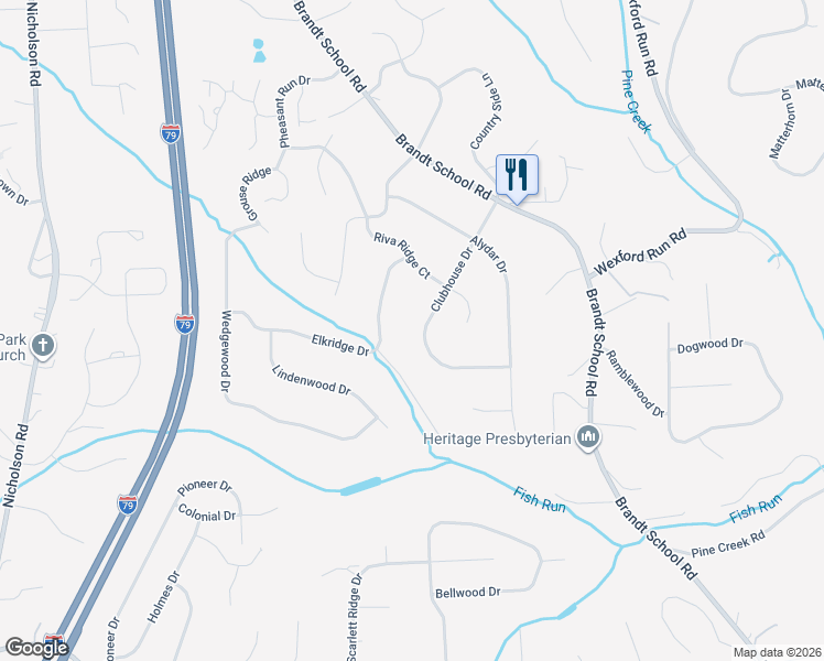 map of restaurants, bars, coffee shops, grocery stores, and more near 2528 Clubhouse Drive in Wexford