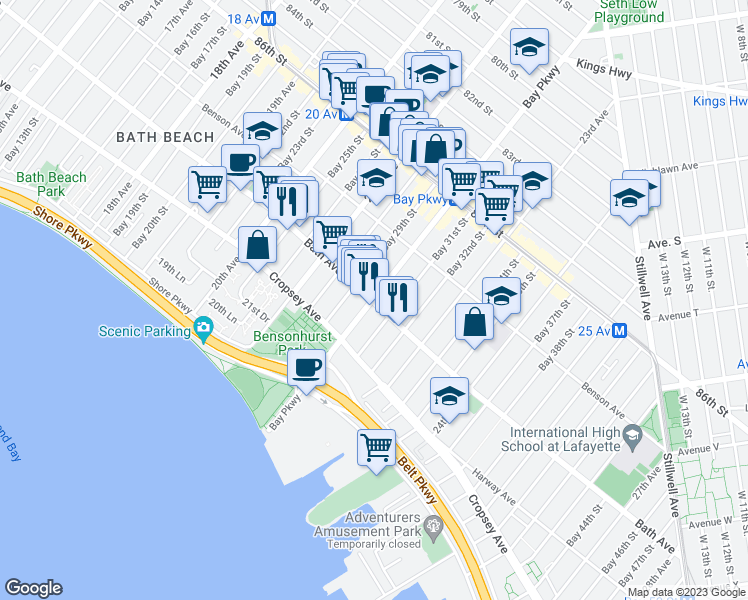 map of restaurants, bars, coffee shops, grocery stores, and more near Bay Pkwy & Bath Ave in Brooklyn