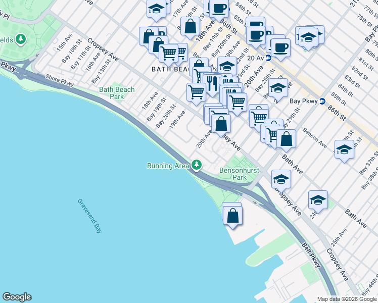 map of restaurants, bars, coffee shops, grocery stores, and more near 8914 20th Avenue in Brooklyn