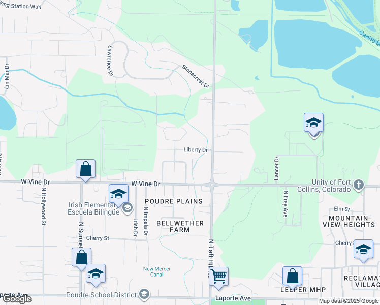 map of restaurants, bars, coffee shops, grocery stores, and more near 2121 Liberty Drive in Fort Collins