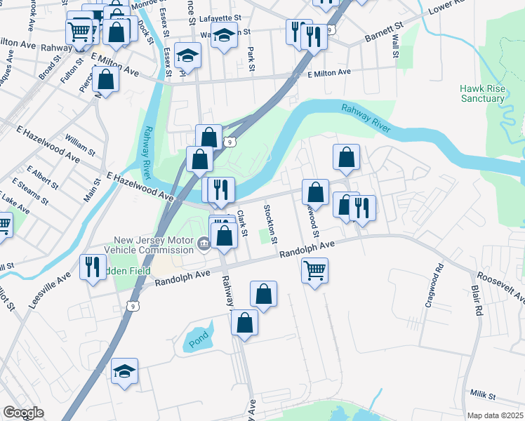 map of restaurants, bars, coffee shops, grocery stores, and more near 847 East Hazelwood Avenue in Rahway