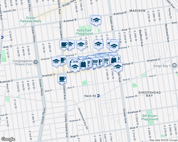 map of restaurants, bars, coffee shops, grocery stores, and more near 1417 Avenue U in Brooklyn