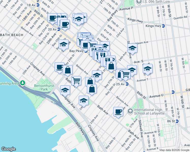 map of restaurants, bars, coffee shops, grocery stores, and more near 65 Bay 34th Street in Brooklyn