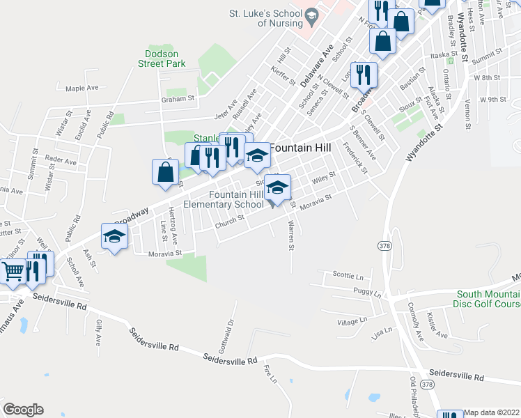 map of restaurants, bars, coffee shops, grocery stores, and more near 1331 Church Street in Bethlehem