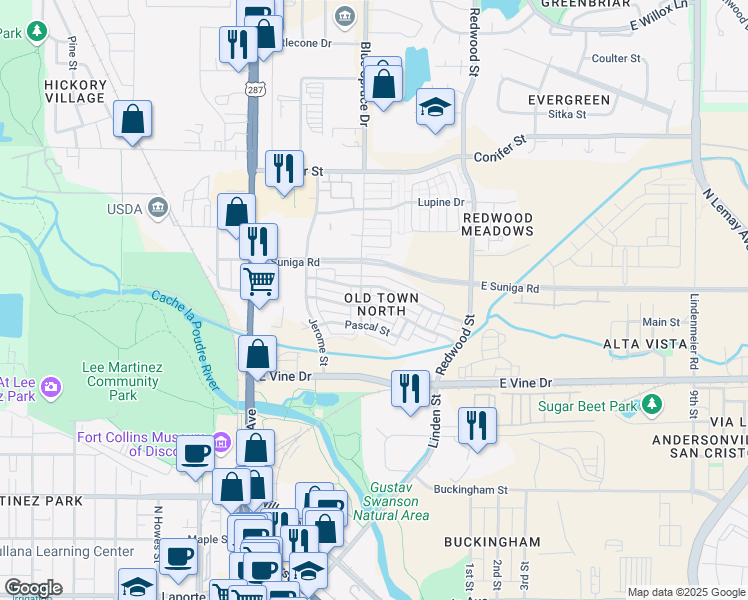 map of restaurants, bars, coffee shops, grocery stores, and more near 909 Blondel Street in Fort Collins