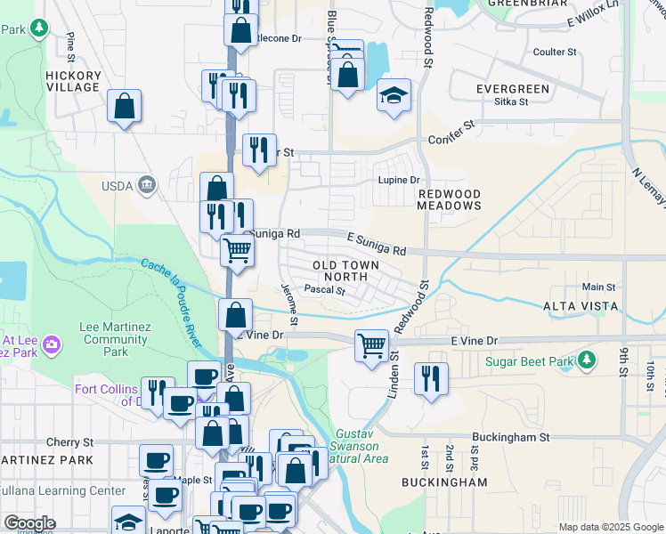 map of restaurants, bars, coffee shops, grocery stores, and more near 909 Blondel Street in Fort Collins