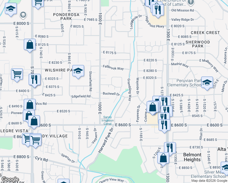 map of restaurants, bars, coffee shops, grocery stores, and more near 8384 South 1070 East in Sandy
