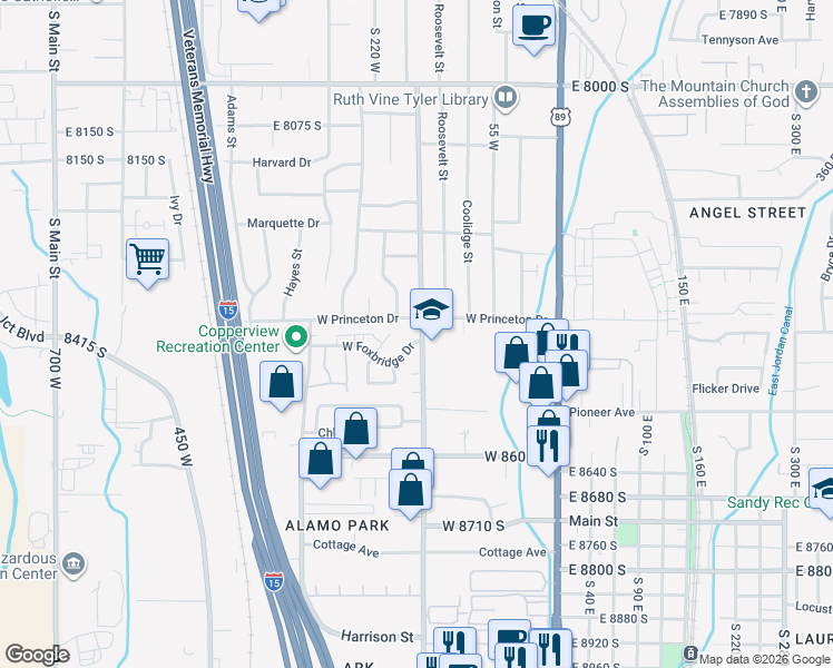 map of restaurants, bars, coffee shops, grocery stores, and more near 179 8375 South in Midvale