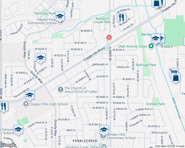 map of restaurants, bars, coffee shops, grocery stores, and more near 4920 West 8380 South in West Jordan