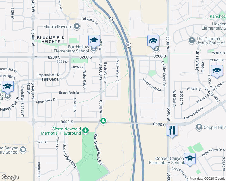 map of restaurants, bars, coffee shops, grocery stores, and more near 8402 Maple Water Drive in West Jordan