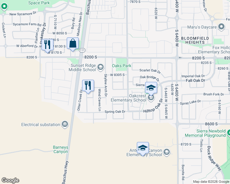 map of restaurants, bars, coffee shops, grocery stores, and more near 6734 West Oak Vista Drive in West Jordan