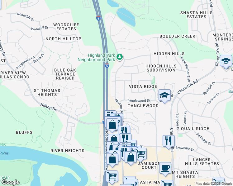 map of restaurants, bars, coffee shops, grocery stores, and more near 674 Mission De Oro Drive in Redding