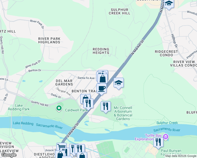 map of restaurants, bars, coffee shops, grocery stores, and more near 1586 Santa Fe Avenue in Redding