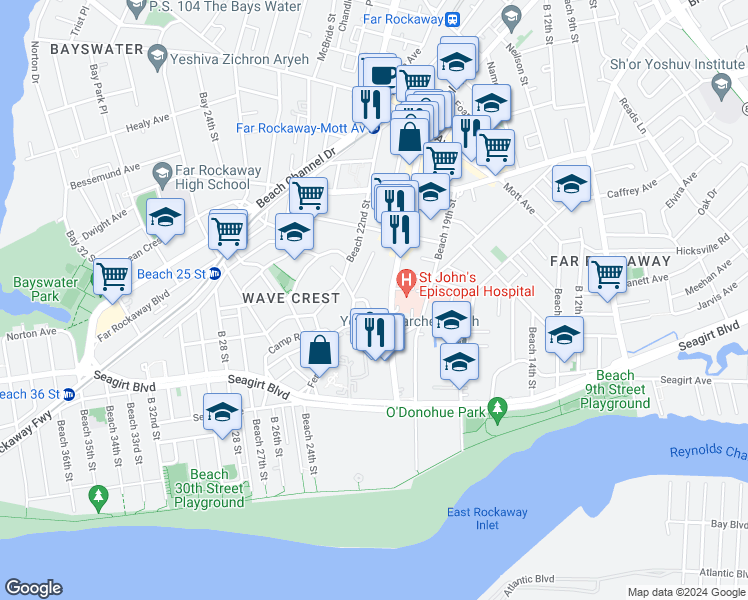 map of restaurants, bars, coffee shops, grocery stores, and more near 20-30 Elk Drive in Queens